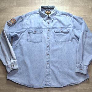 Harley Davidson Denim Snap Shirt Mens XXL Long Sleeve Biker Western Patch